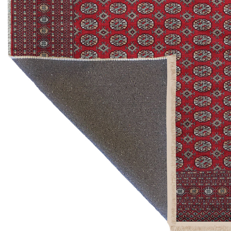 Red-Themed Ethnic Traditional Motif Patterned Fringed Vintage Decorative Rug