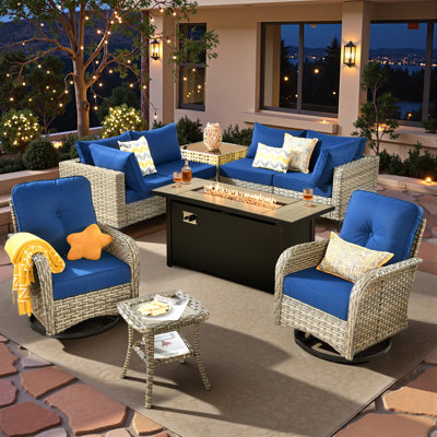 Outdoor Wicker 6 Person Seating Group With Cushions With Rocking And Swivel Chairs And Fire Pit Table