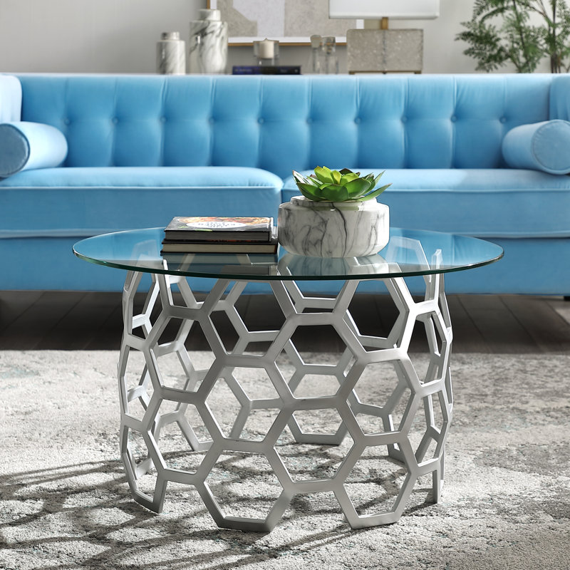 Mattea Clear Glass Round Top Coffee Table with Metal Frame, Silver