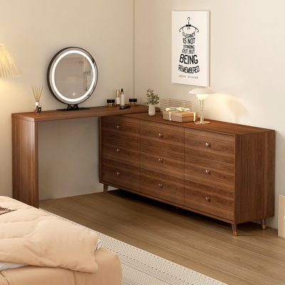 Bureau de coiffeuse avec miroir et lumières, commode de maquillage extensible en noyer Mid-Century de 70 à 110 pouces avec commode 9 tiroirs de 63 pouces et bureau de coiffeuse en L, sans tabouret, brun