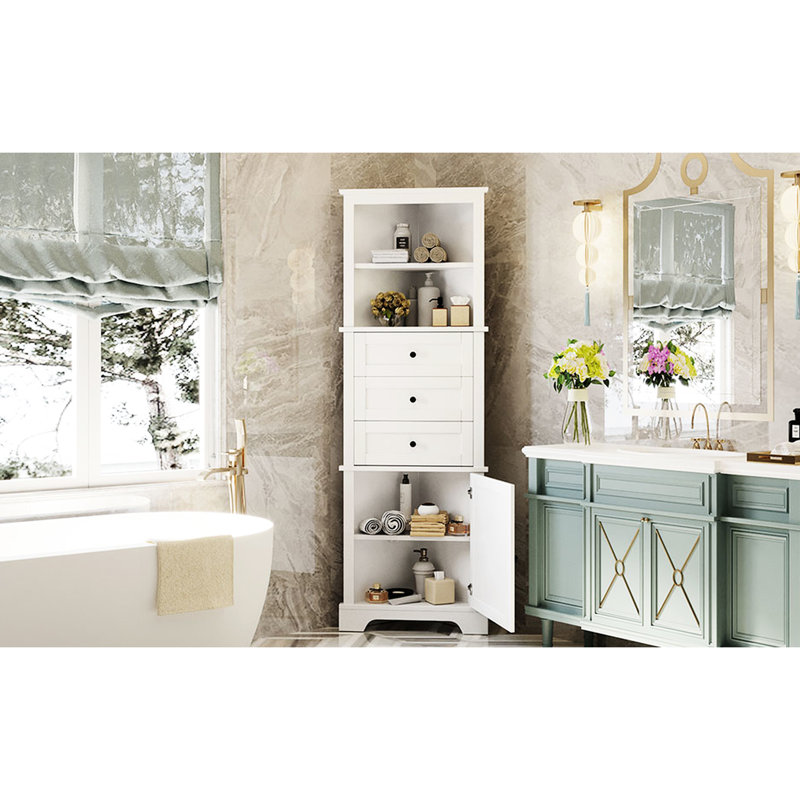 Grande armoire triangulaire blanche avec 3 tiroirs et tablettes réglables, Blanc
