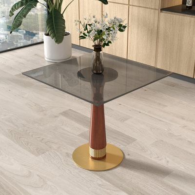 Modern Square Glass Small Conference Table With Solid Wood Base