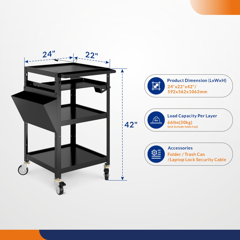 3-Tier Steel 4-Wheeled Workstation Cart in Black with 220 lbs. Capacity
