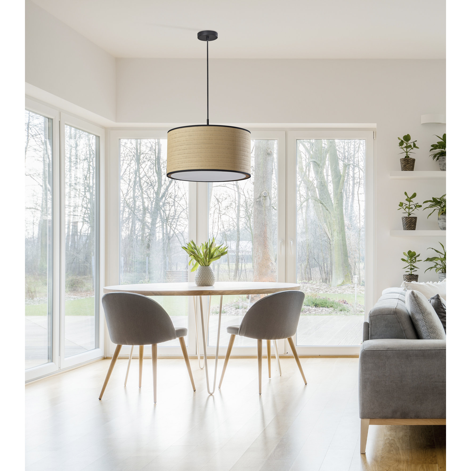 Kinnear Single Light Pendant, Natural/Black Trim/White, Black