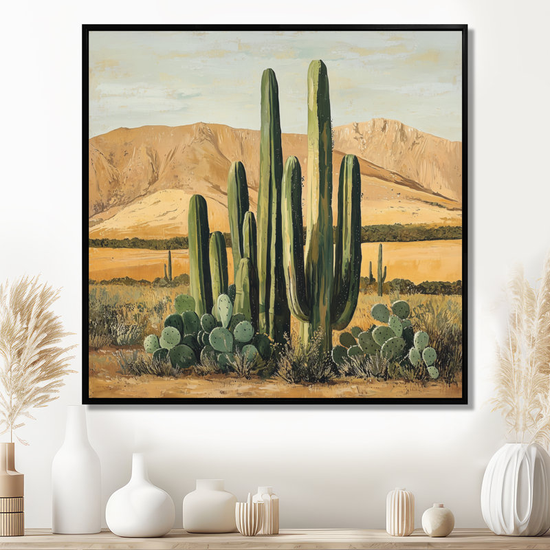 Cactus et les montagnes du désert IV - cactus, art mural, H 16 po x l 16 po, Impression encadrée flottante