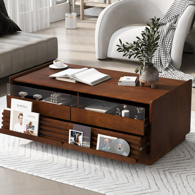 Table basse moderne moderne avec beaucoup de rangement, style cannelé et verre trempé, idéale pour divers espaces de vie