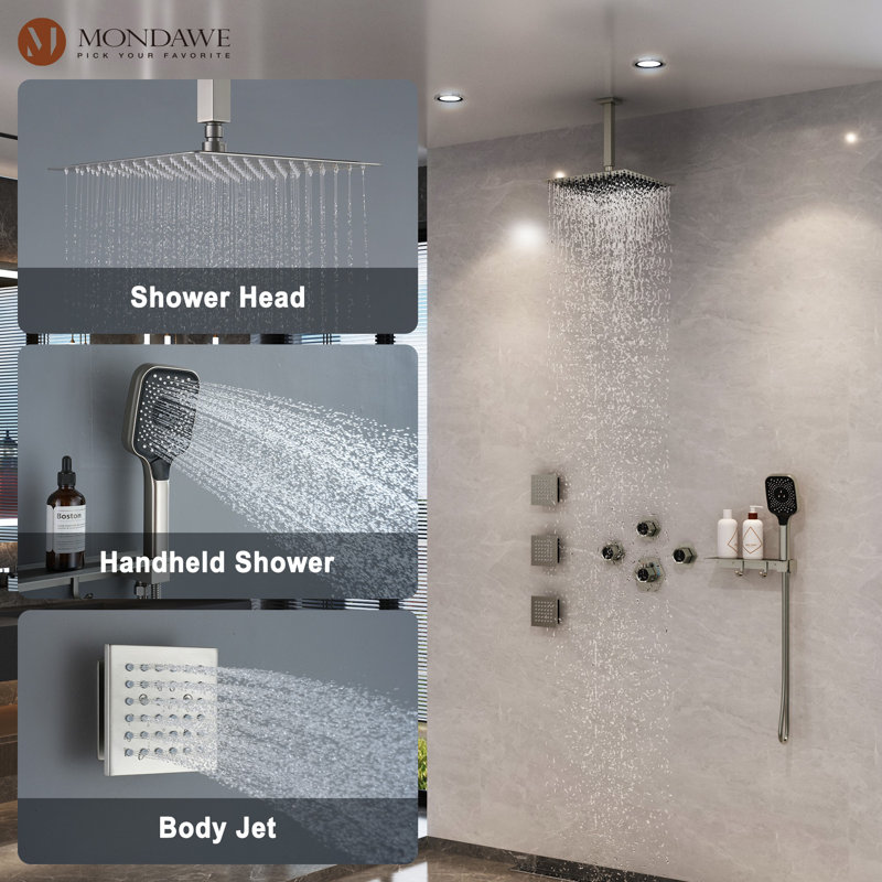 AquaRhapsody Ceiling Mounted Thermostatic Shower System with 4 Body Jets and Storage Shelf, Brushed Nickel