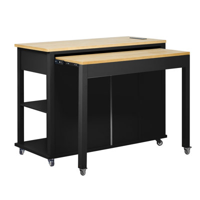 47 - Inch Extendable Kitchen Island With Rubber Wood Veneer, Storage Compartments, Power Outlet, Soft Close Hinges, For Meal Preparation Black Veneer Internal Rack, 13.8"X41.7" Table, 6+2 Wheels,