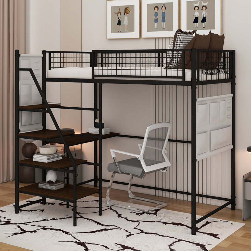 Twin Size Loft Metal Bed With Built-In Charging Station And LED Light, Black