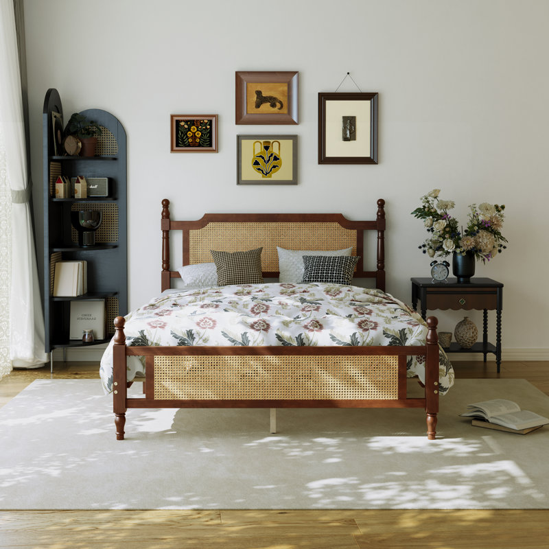 Pine Wooden Platform Bed With Rattan Headboard & Footboard, Queen, Walnut