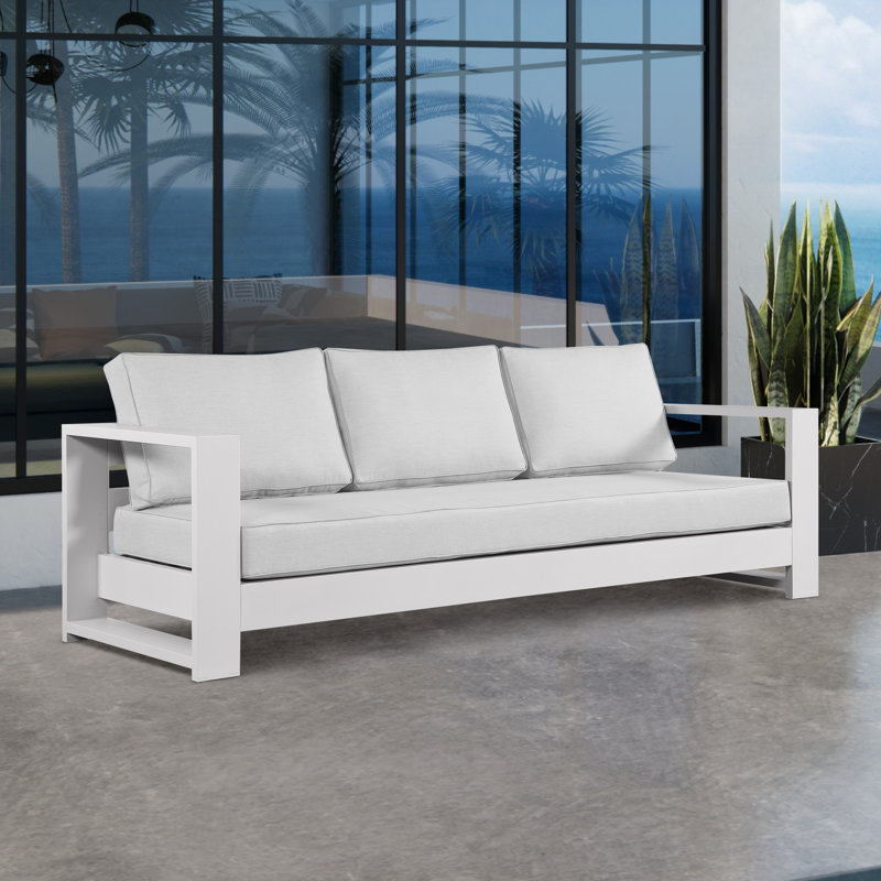 Hoyt 92.52” Outdoor Aluminum 3-Seater Sofa, Snow White/Grayish