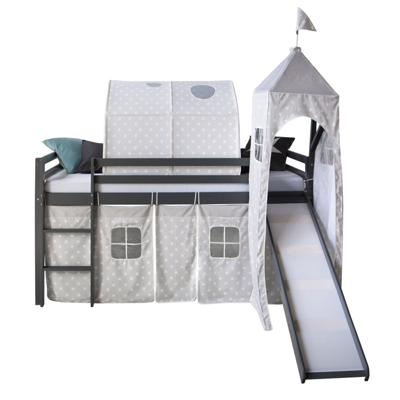 Ellicott mid-loft bed, 90 x 200 cm, Grey, Premium plus (slide, curtain, tunnel and tower)