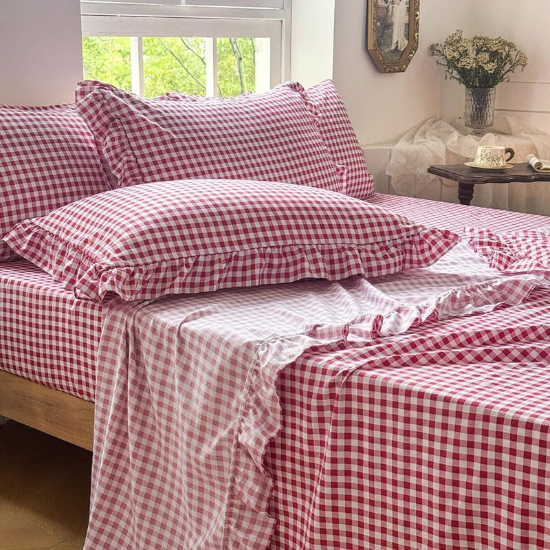 Ensemble de draps Gingham Ruffle, Vichy rouge, Grand lit