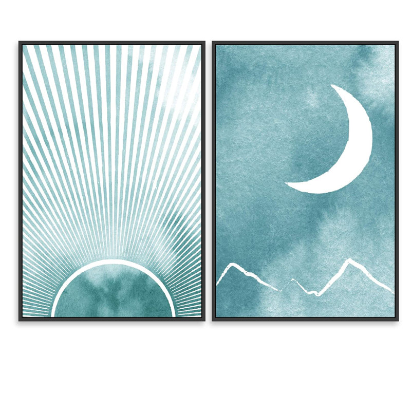 Aquarelle, rayons du soleil brillants et croissant de lune, art abstrait sur toile, 2 pièces, Cadre flottant noir