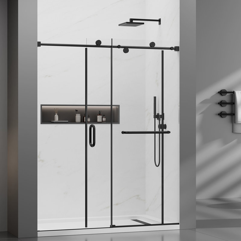 56-60'' - W x 76'' H Single Sliding Shower Door with Nano Coating Easy-clean Stainless Steel Frameless Shower door Black