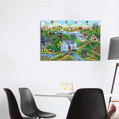 Village By The Sea With Hot Air Ballons by Cheryl Bartley - Print on Canvas