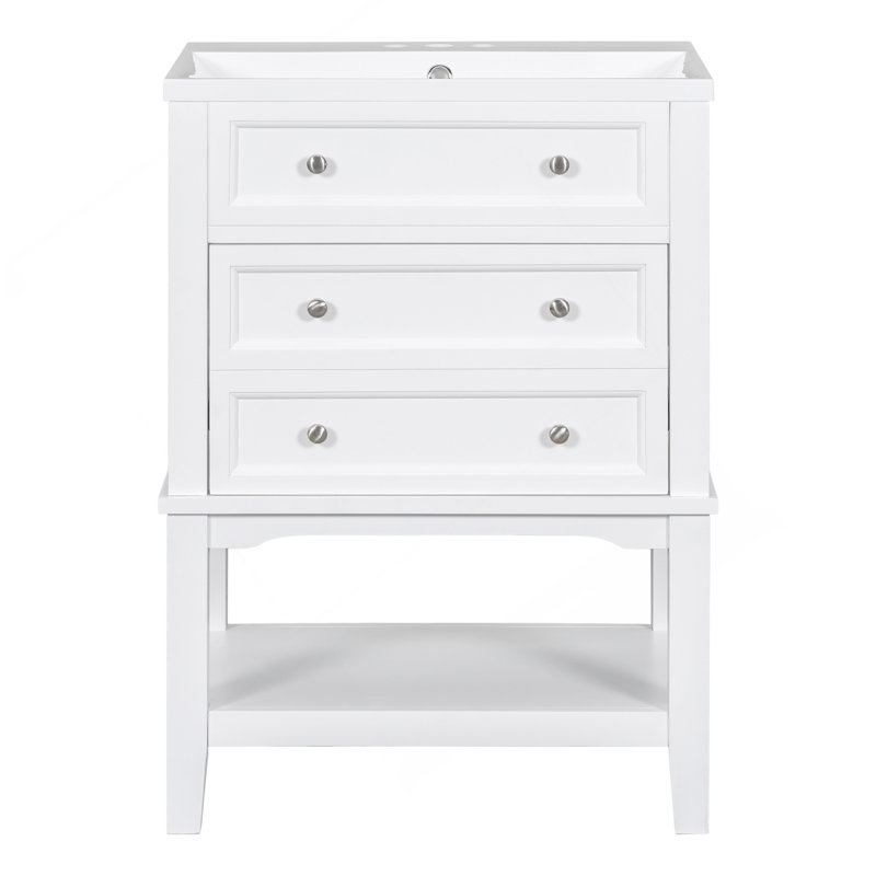 Meuble-lavabo 24 po avec lavabo, meuble de rangement pour salle de bain avec tiroir et tablette ouverte, structure en bois, blanc