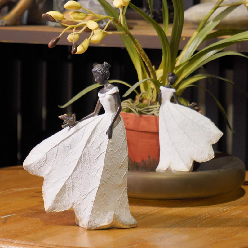Décoration de maison de statue de fée - ange à feuilles blanches avec résine en forme d'oiseau pour l'extérieur ou l'intérieur
