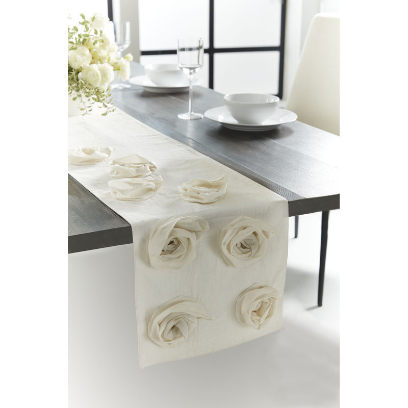 Lino Deco Rose Linen Table Runner, Ivory