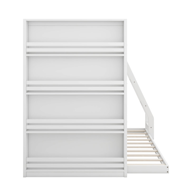 Lit superposé simple au-dessus de double avec tablettes de rangement et DEL, lits superposés de plancher en bois avec rangement
