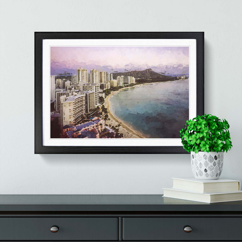 Dusk View of Waikiki Beach - Framed Print, 36cm H x 48cm W x 2cm D, Black Framed