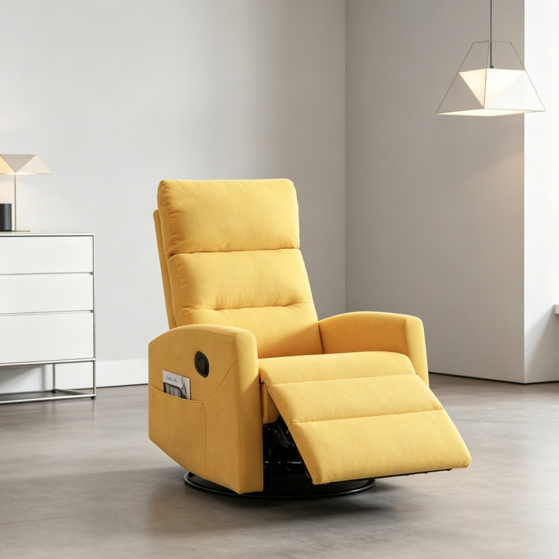 Manual Swivel Rocking Recliner Chair, Yellow Fabric Upholstered for Living Room, Yellow Chenille