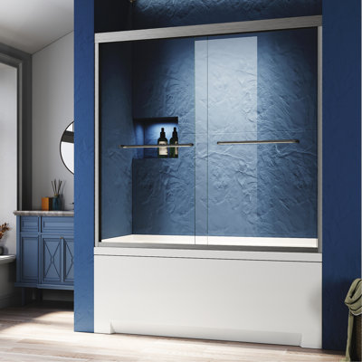 56 - 60 In. W X 57 H Sliding Door For Tub. Brushed Nickel Semi . Tempered Glass. Stainless Steel Handles. Strong Thick Rail System. Rust And Stain Resistance. Smooth Rollers. Practical Towel Easy