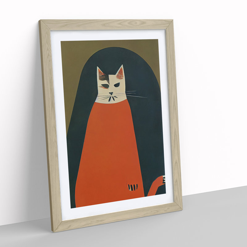Boho Cat - Wall Art, 36cm H x 27cm W x 2cm D, Oak Framed, White