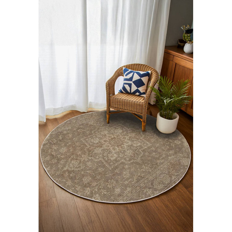 Zyana Collection Digital Print Cotton-Polyester Brown Moroccan Rug, Round 3'4"