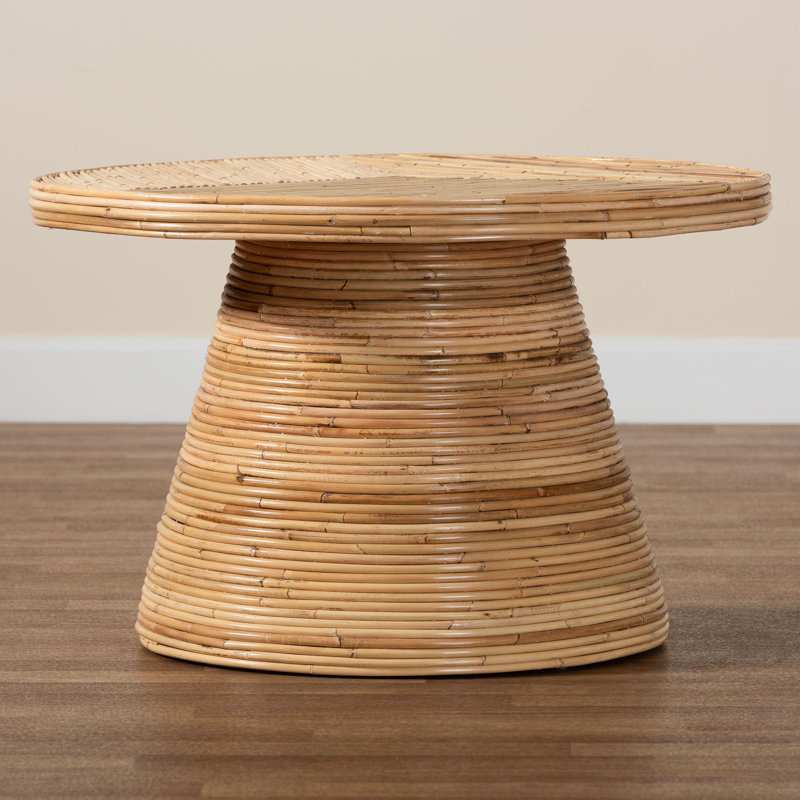 Bella 28 in. Natural Round Rattan and Mahogany Wood Coffee Table