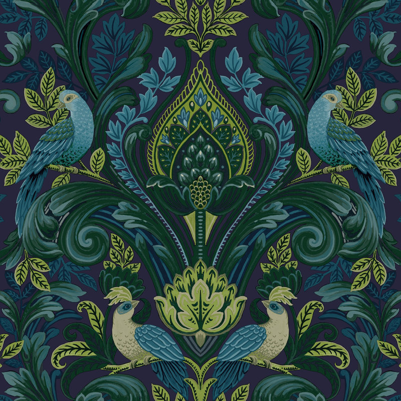 Arcadia Collection Damask Bird Medallion Wallpaper Roll, Blue/Yellow