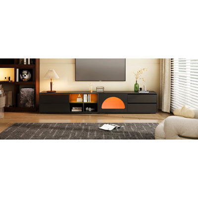 Meuble télé avec porte en verre cannelé, 2 tiroirs, DEL, bureau de divertissement moderne pour téléviseurs de 90 po et plus, noir, salon, porte de chambre à coucher trempée et tiroirs, jusqu'à 100 po de télévision, noir