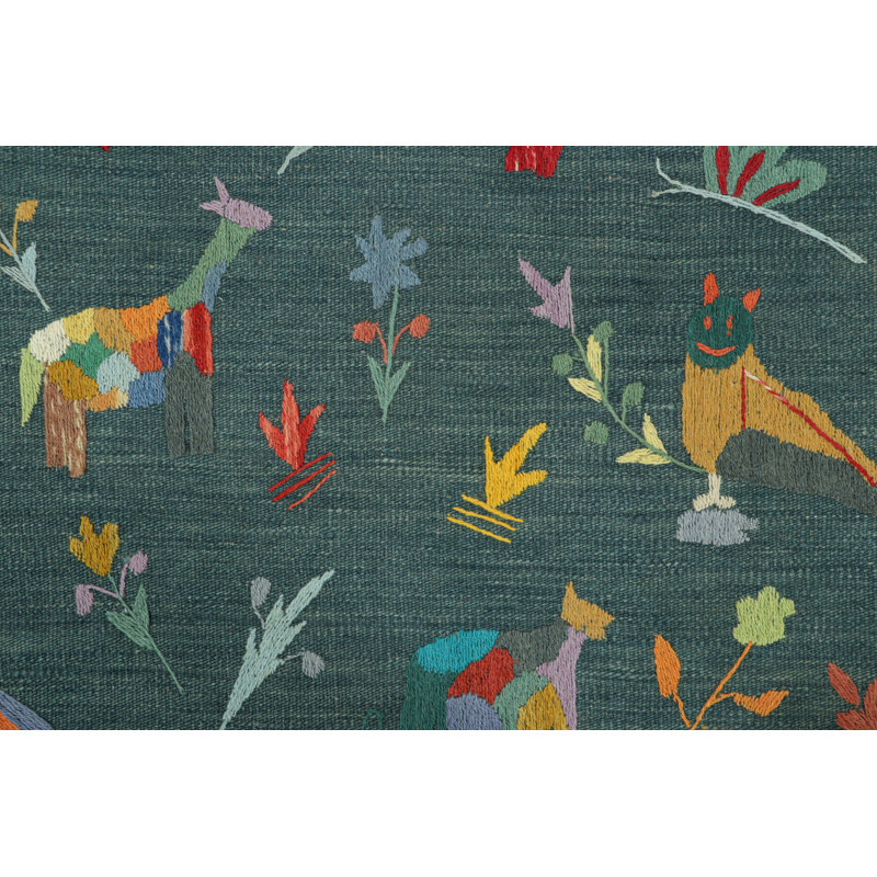 Rug & Kilim’S Suzani Style Kilim In Teal With Animal Pictorials And Florals