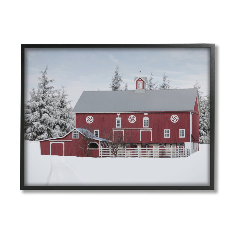 Paysage d'hiver avec grange rouge, arbres enneigé dans une ferme enneigée - photographie, H 16 po x l 20 po x P 1,5 po