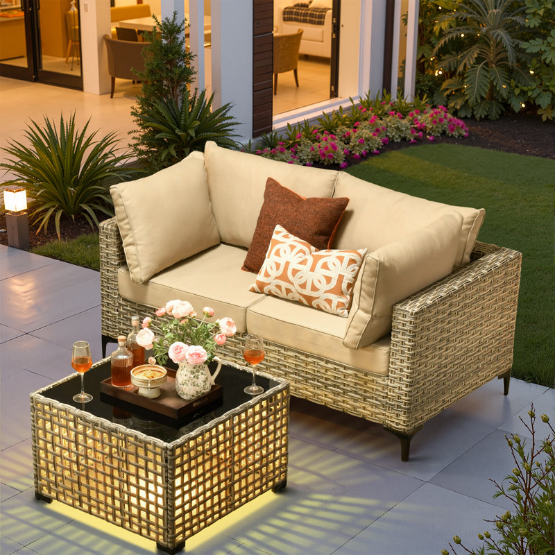 2-Person  Outdoor Sectional Loveseat Sofa With Cushions And Led Coffee Table ,All-Weather Wicker Patio Set, Beige