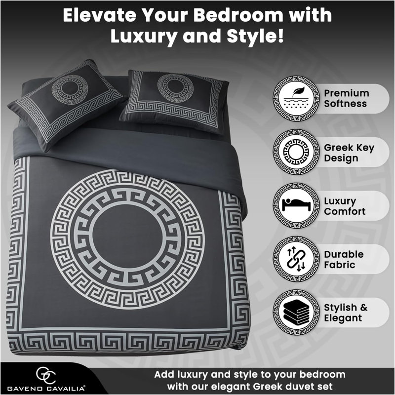 Polyester Geometric Duvet Cover Set with Pillowcases, Charcoal, Double Duvet Cover Set + 2 Standard Pillowcases