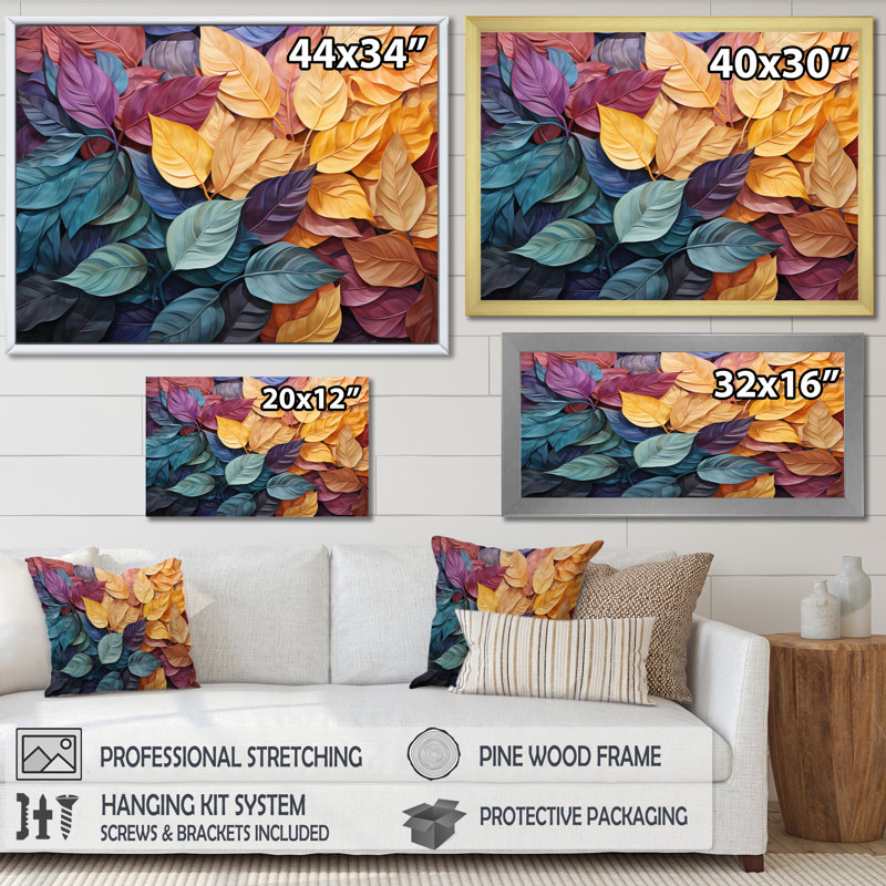 Collage de feuilles colorées II sur toile, H 12 po x l 20 po x P 1 po, Cadre flottant blanc