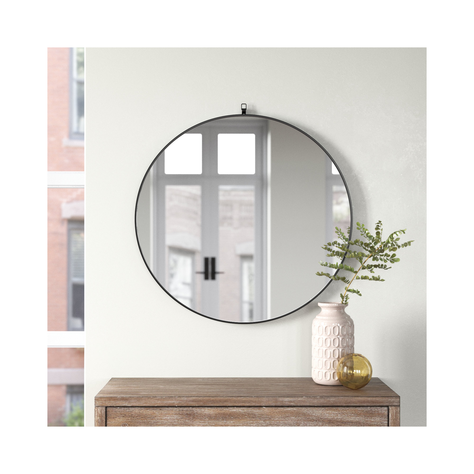 Cassie Metal/Manufactured Wood Round Wall Mirror, Black, 28" x 28" 
