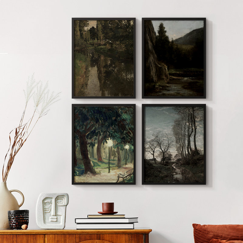"Paysage rétro", 4 pièces sur papier, H 14 po x l 44 po, Noir