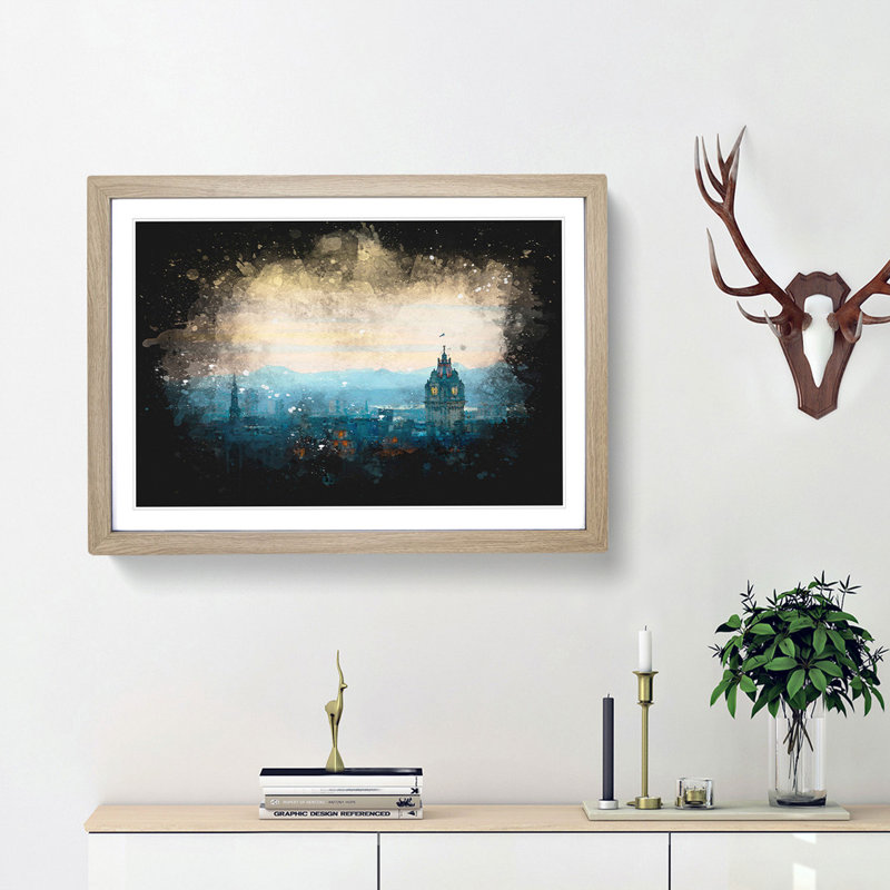 Edinburgh Skyline In Scotland Paint Splash - Picture Frame Graphic Art, 24cm H x 33cm W x 2cm D, Oak Framed