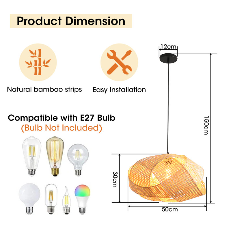Bamboo Pendant Light, Natural Bamboo Shade, Iron Frame, Adjustable Height, E27 Socket, 50 Cm Diameter, For Dining Room Kitchen Island (Bulb Not Included)