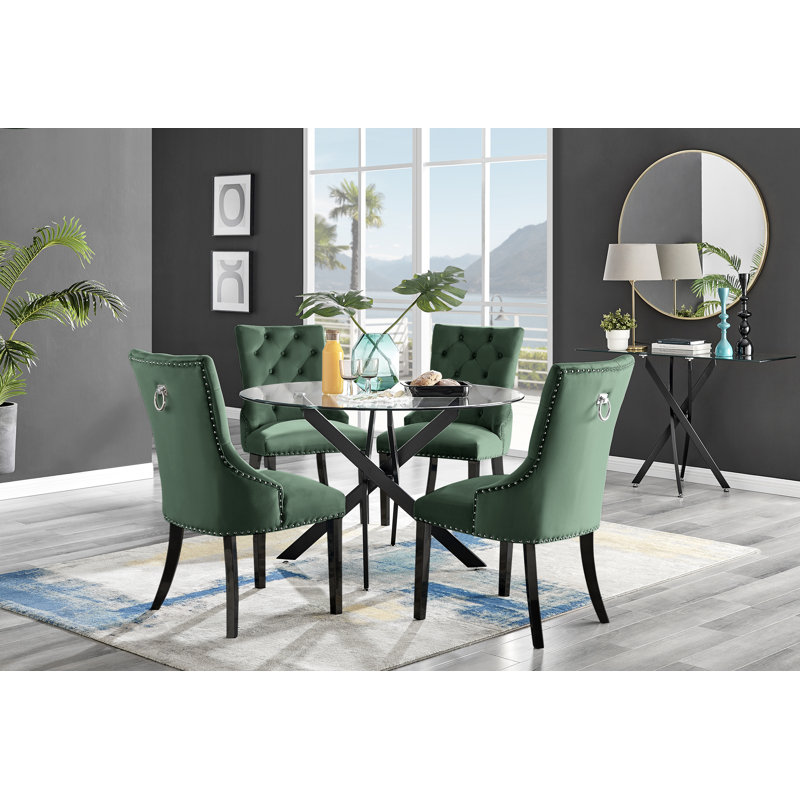 Tierra Modern Chrome Metal & Glass Round Dining Table Set with 4 Luxury Button Velvet Chairs, Black, Green/Black