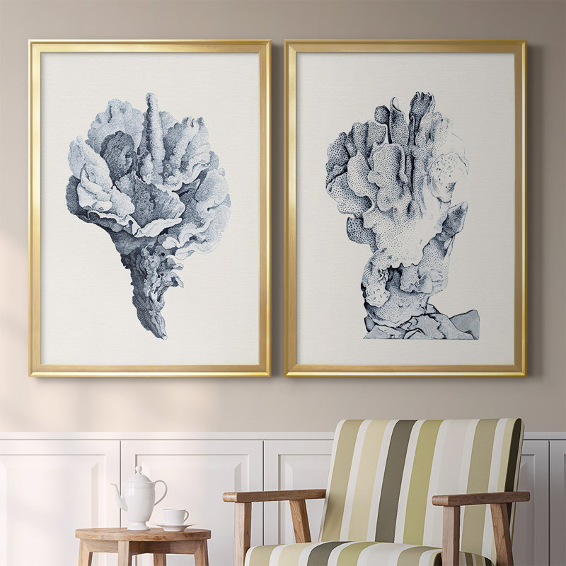 "Blue Antique Coral III", ensemble de 2 reproductions de cadres rectangulaires sur toile, Or, H 42,5 po x l 61 po x P 1,25 po