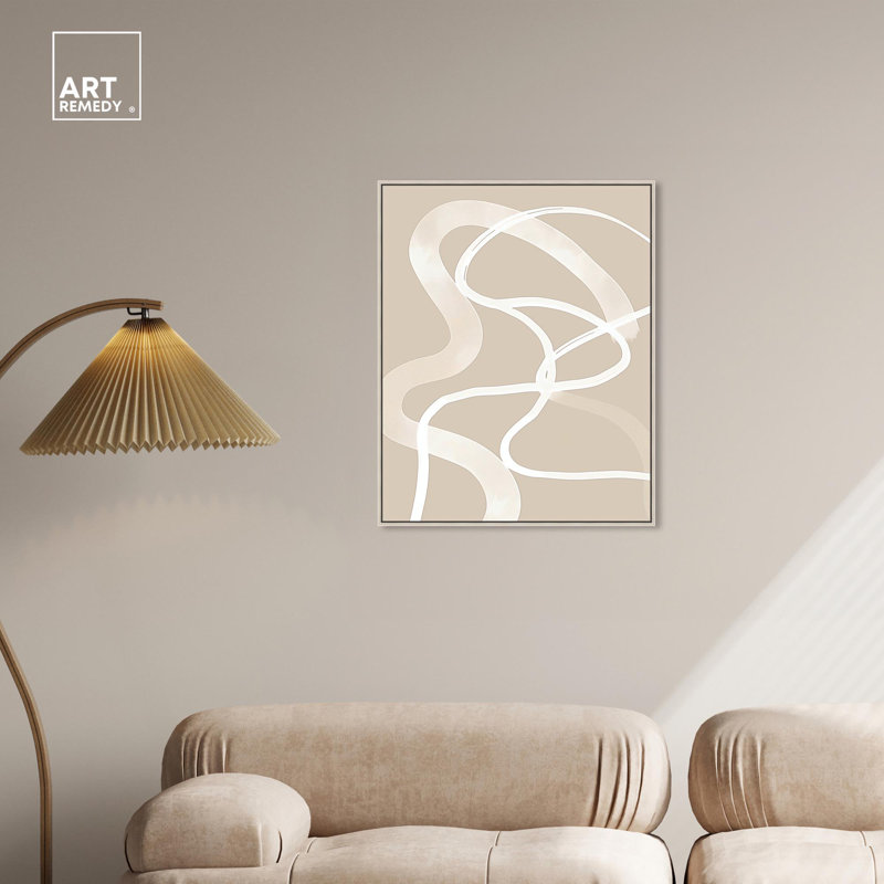 Minimalist Beige and White Abstract Canvas Art with Silver Frame