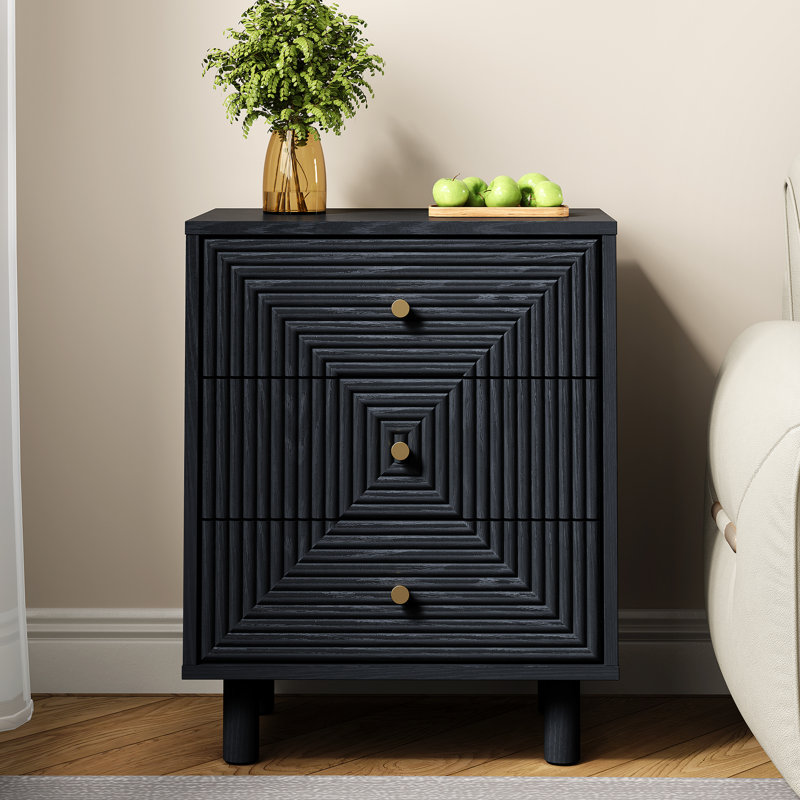 3-Drawer Nightstand With Solid Wood Legs, Black