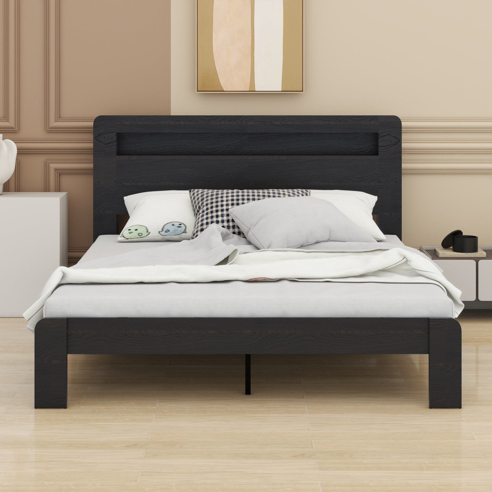 17 Stories Wood Platform Bed Frame With Storage LED Light Headboard And ...