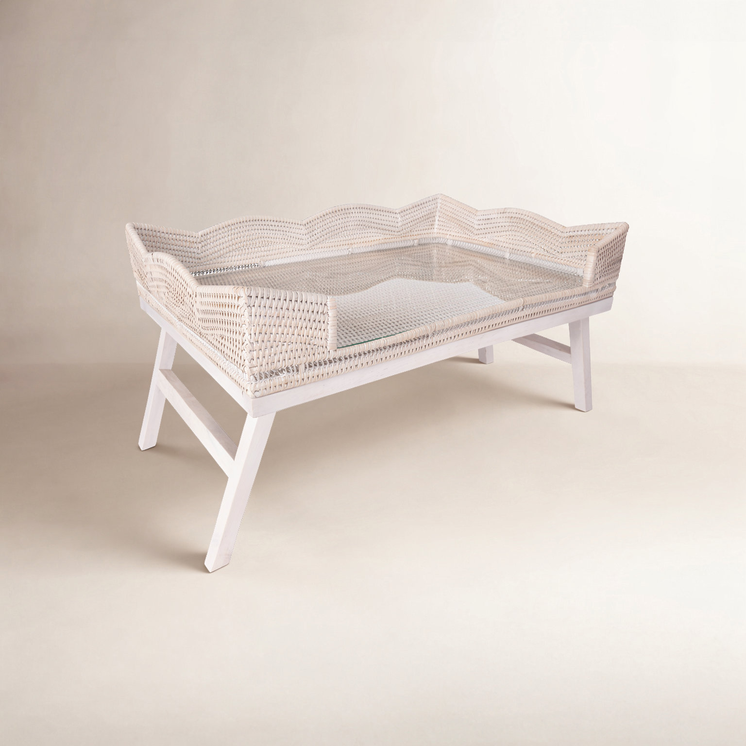 Breakfast Tray with Glass Insert, White Wash, With Glass