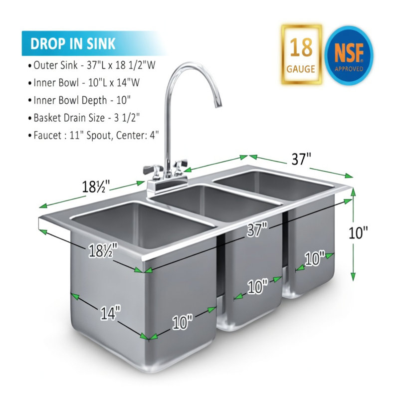 37'' L Triple Bowl Stainless Steel Kitchen Sink 3 Bowl with Faucet, 10 in. W x 14 in. Dx 10 in. L