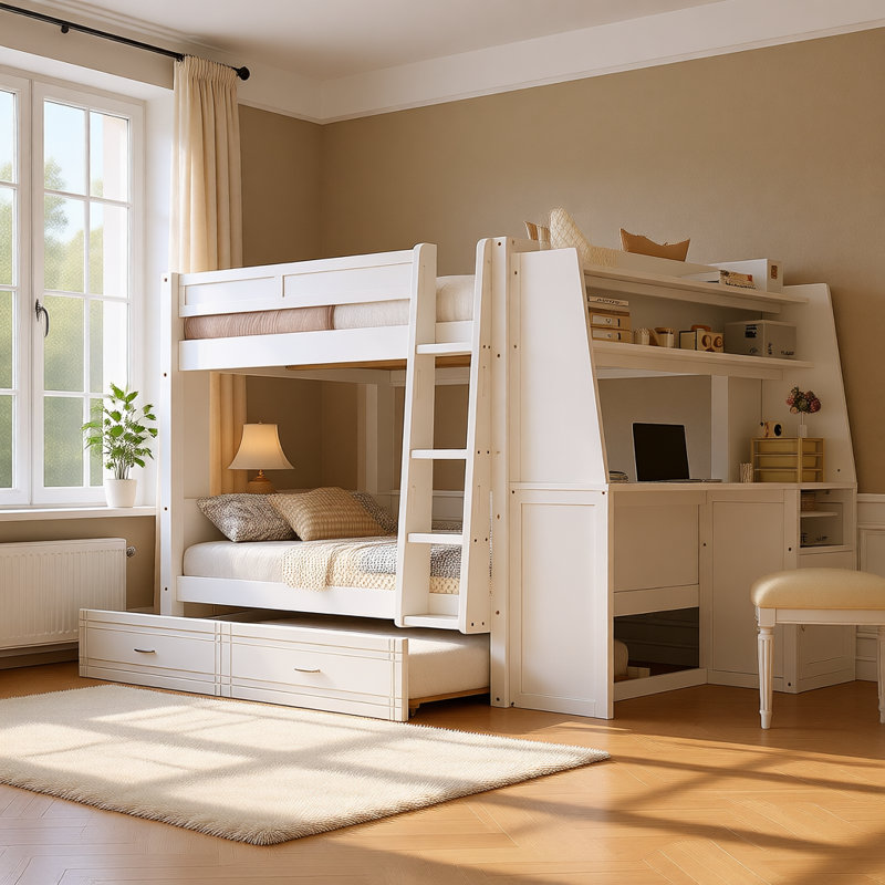 Full Size Multifunctional Bunk Bed with Desk, Bookshelves, and Trundle, Space-Saving Wooden Loft Bed with Storage and Study Area for Kids or Teens