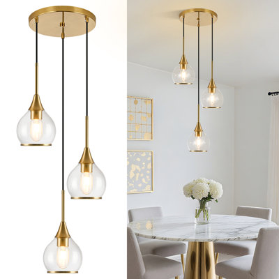 3-Light Island Light for Kitchen, Gold Kitchen Island Hanging Pendant Light, Brushed Gold Dining Room Light Fixture Over Table with Clear Round Glass Shades